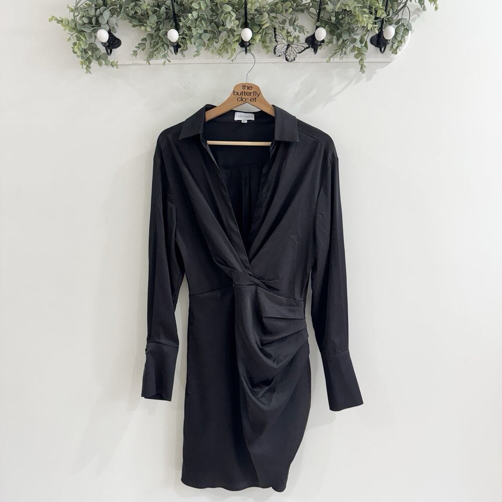 Lucy Paris Tristan Black Satin Faux Wrap Dress Long Sleeve Medium